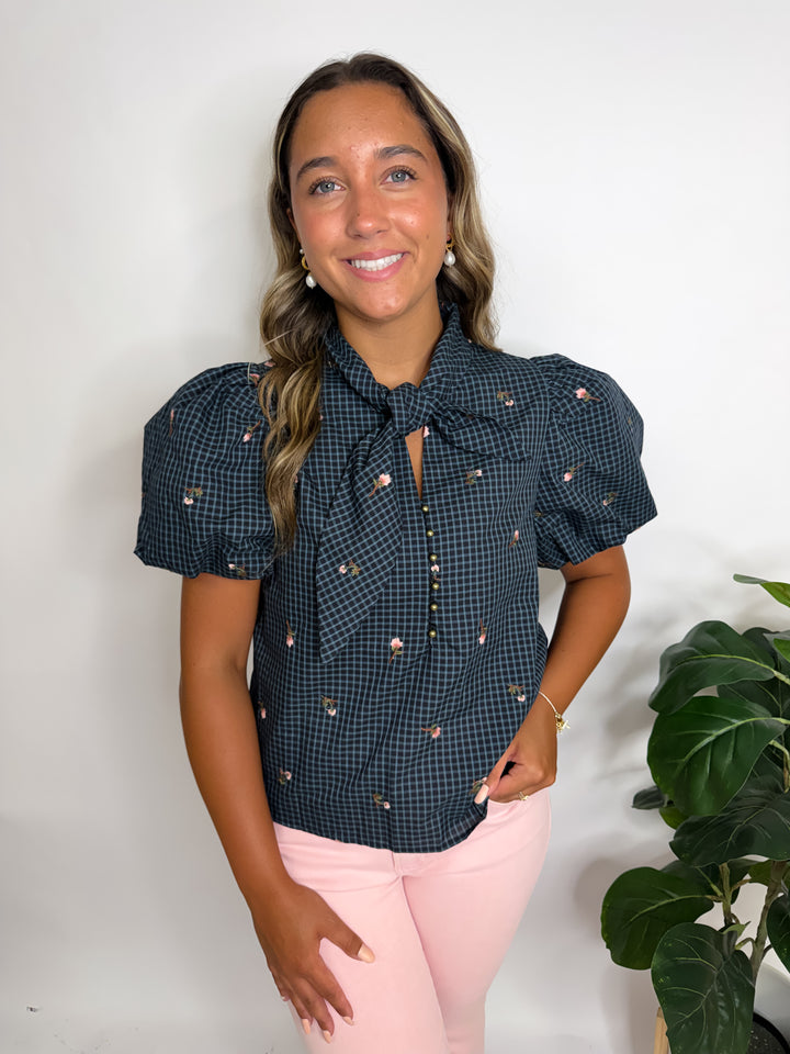 Navy Plaid Embroidered Floral Blouse