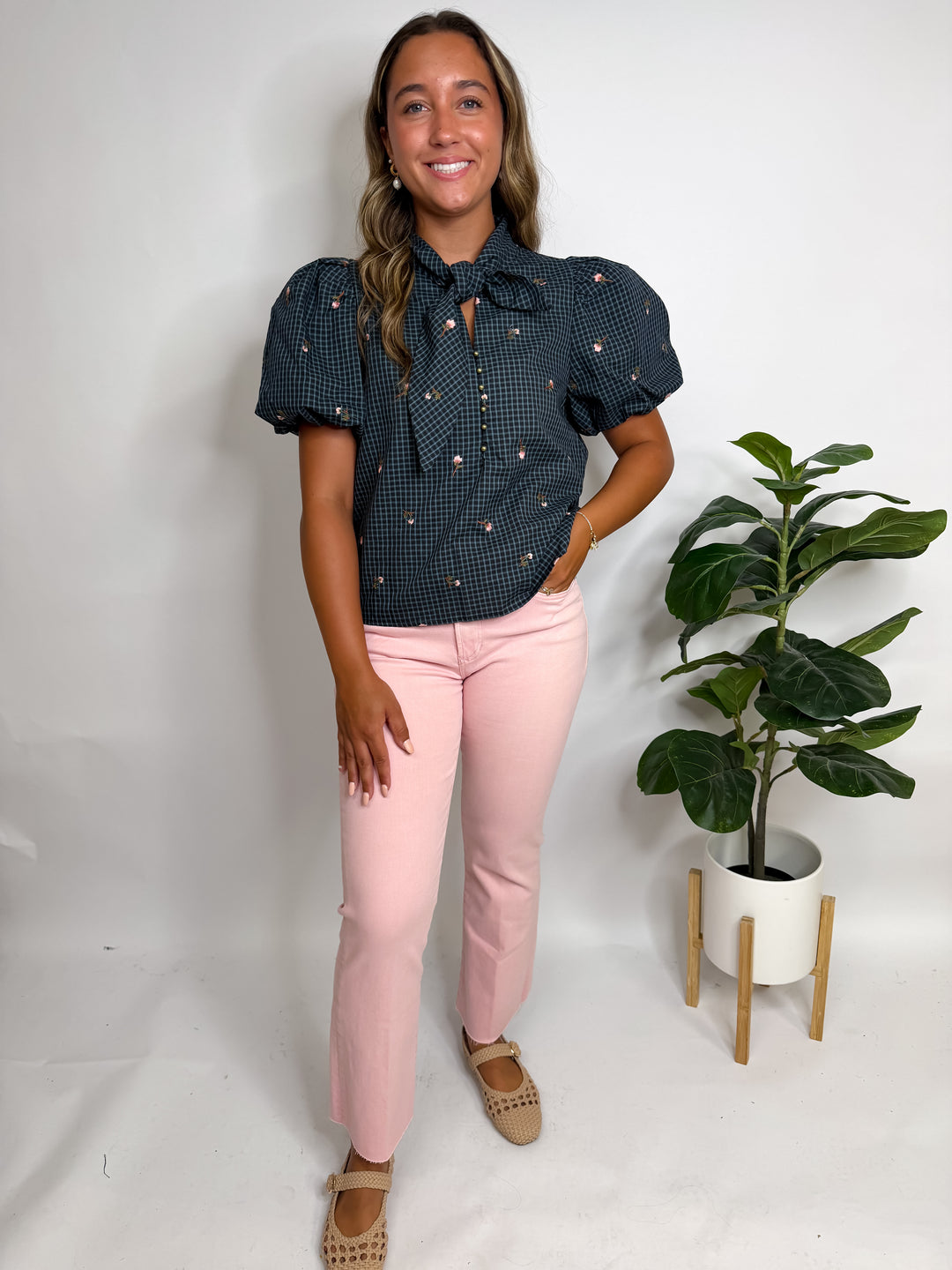 Navy Plaid Embroidered Floral Blouse