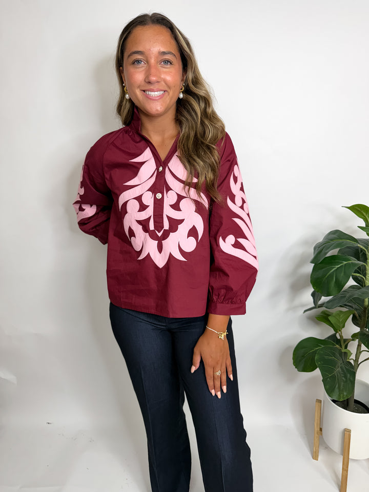 Burgundy Applique Blouse