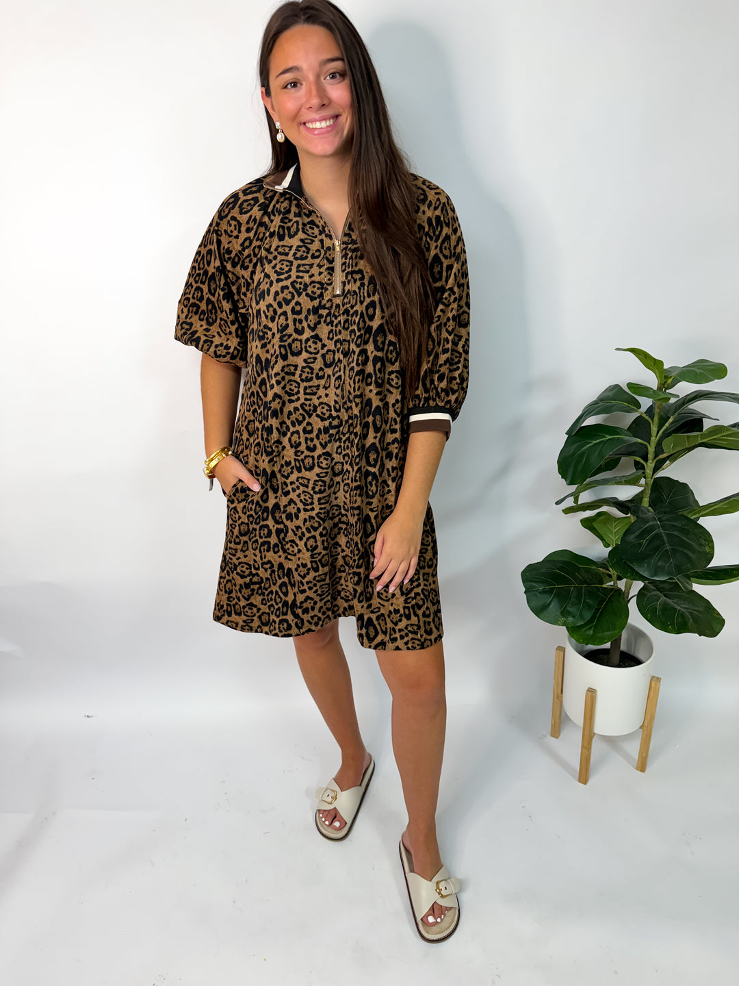 Leopard Corduroy Half Zip Dress