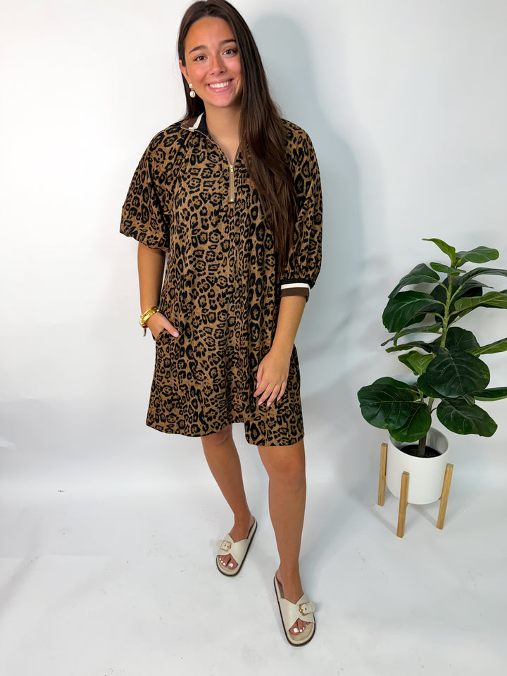 Leopard Corduroy Half Zip Dress
