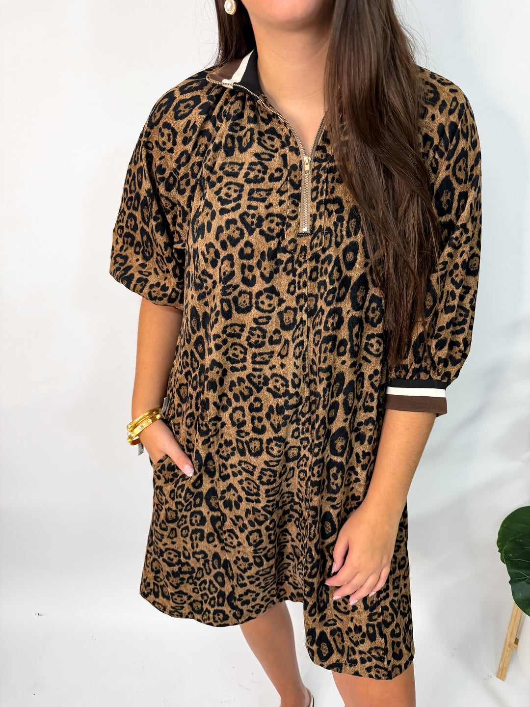 Leopard Corduroy Half Zip Dress