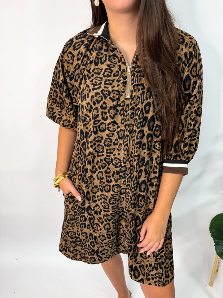 Leopard Corduroy Half Zip Dress
