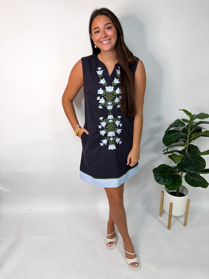 Flower Embroidered Navy Mini Dress