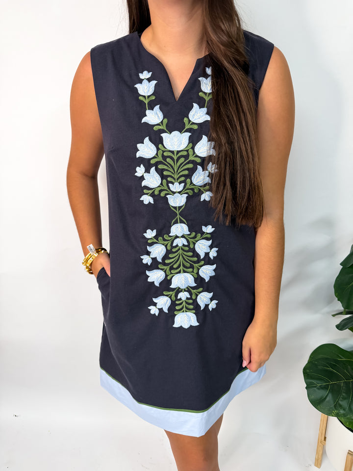 Flower Embroidered Navy Mini Dress