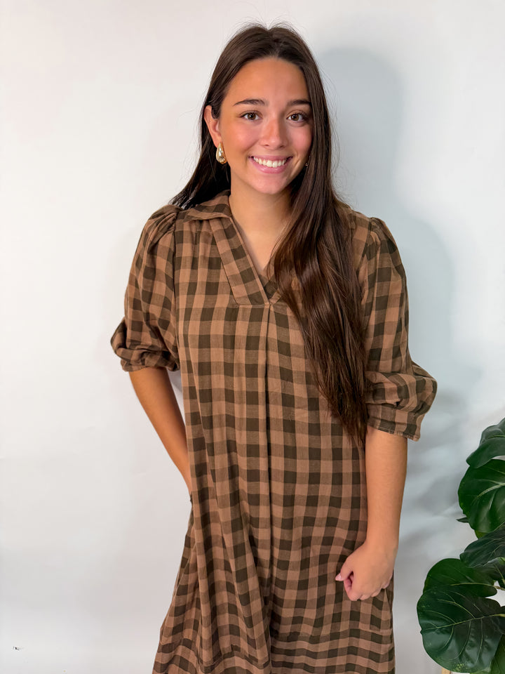 Cocoa Checkered Midi Dress