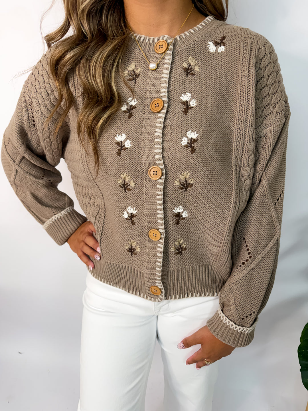 Taupe Floral Embroidered Cardigan