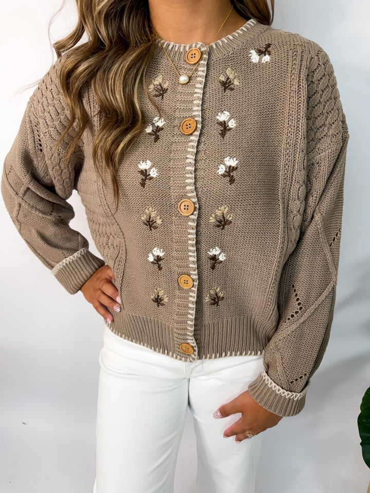 Taupe Floral Embroidered Cardigan