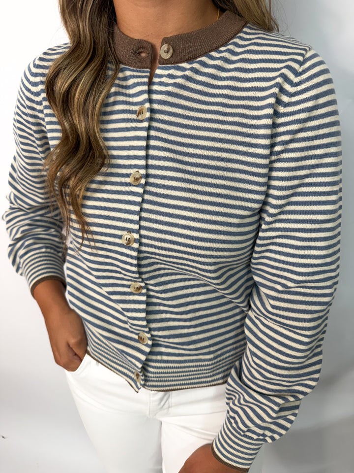Striped Dusty Blue Button Down Knit Cardigan