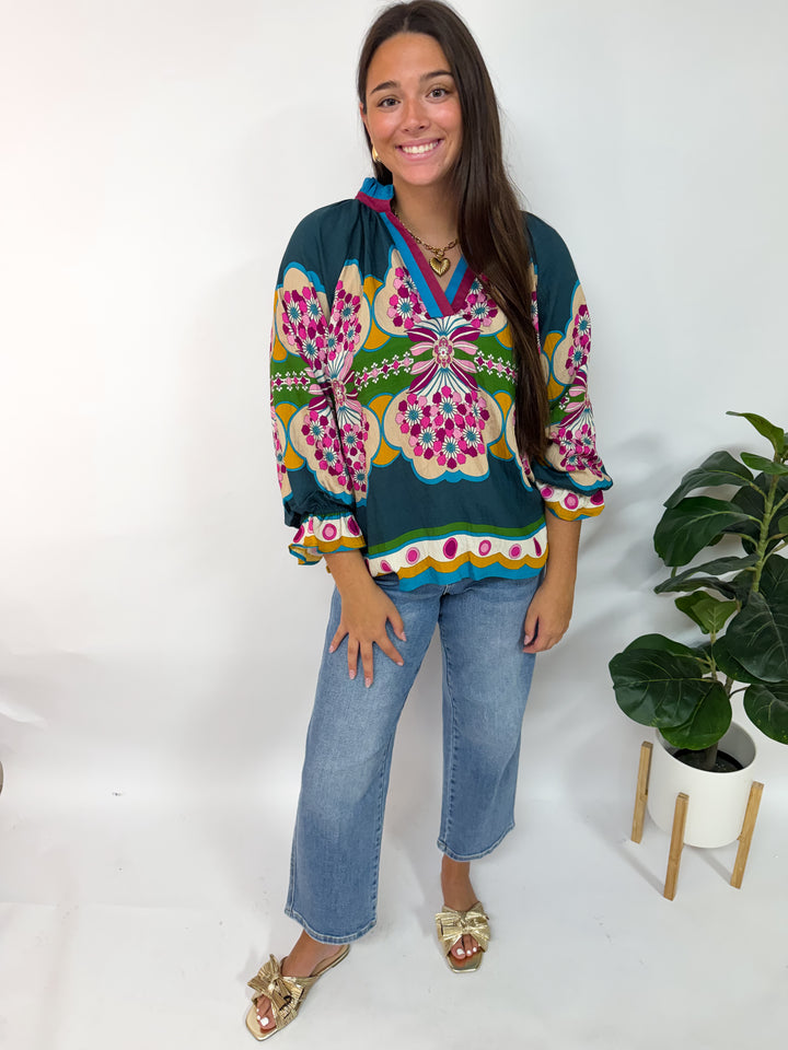 Teal Retro Mix Blouse