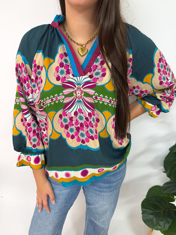Teal Retro Mix Blouse