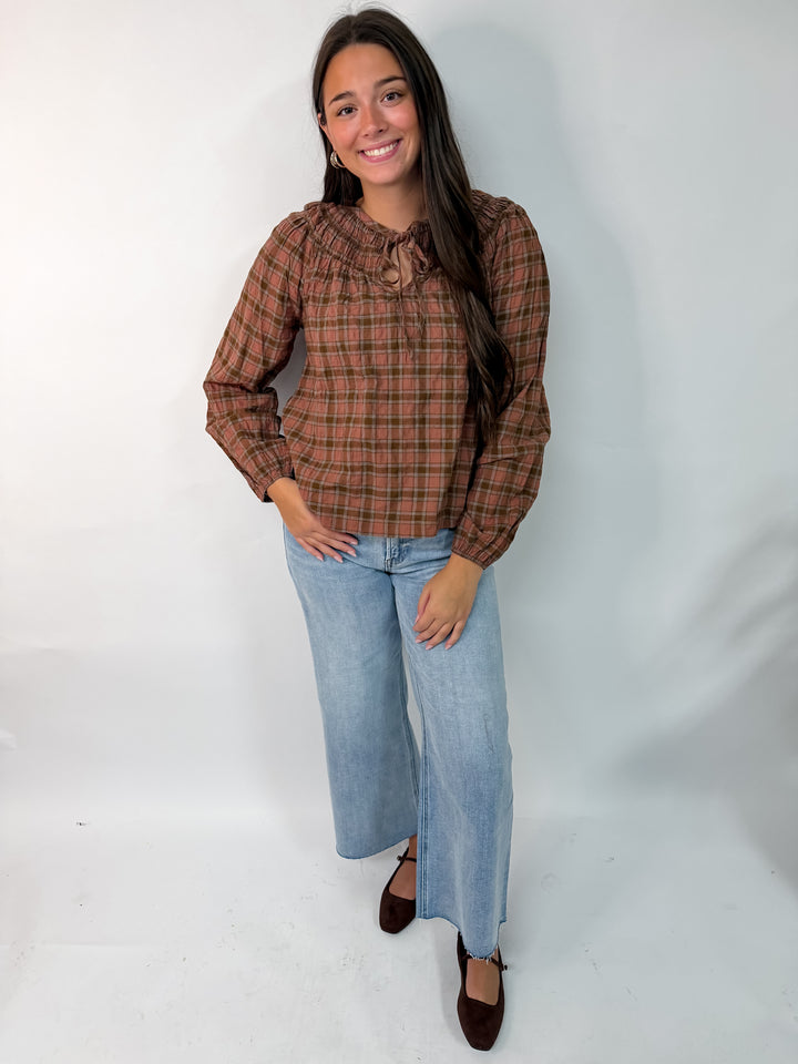 Brown Plaid Shirred Yoke Front Tie Long Sleeve Top