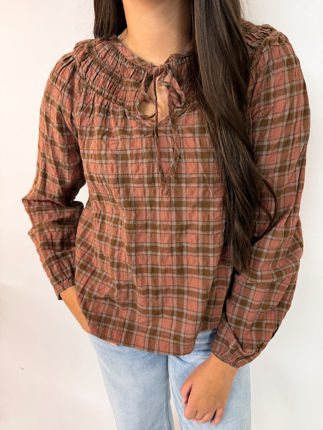 Brown Plaid Shirred Yoke Front Tie Long Sleeve Top