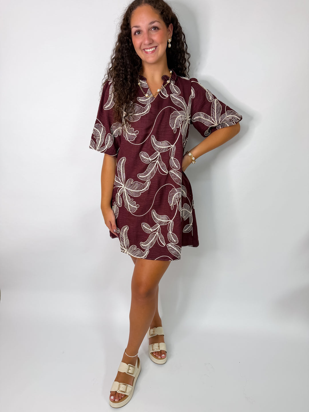 Wine Embroidered Woven Puff Sleeve Dress
