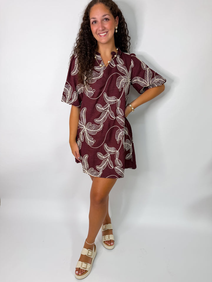 Curvy Wine Embroidered Woven Puff Sleeve Dress