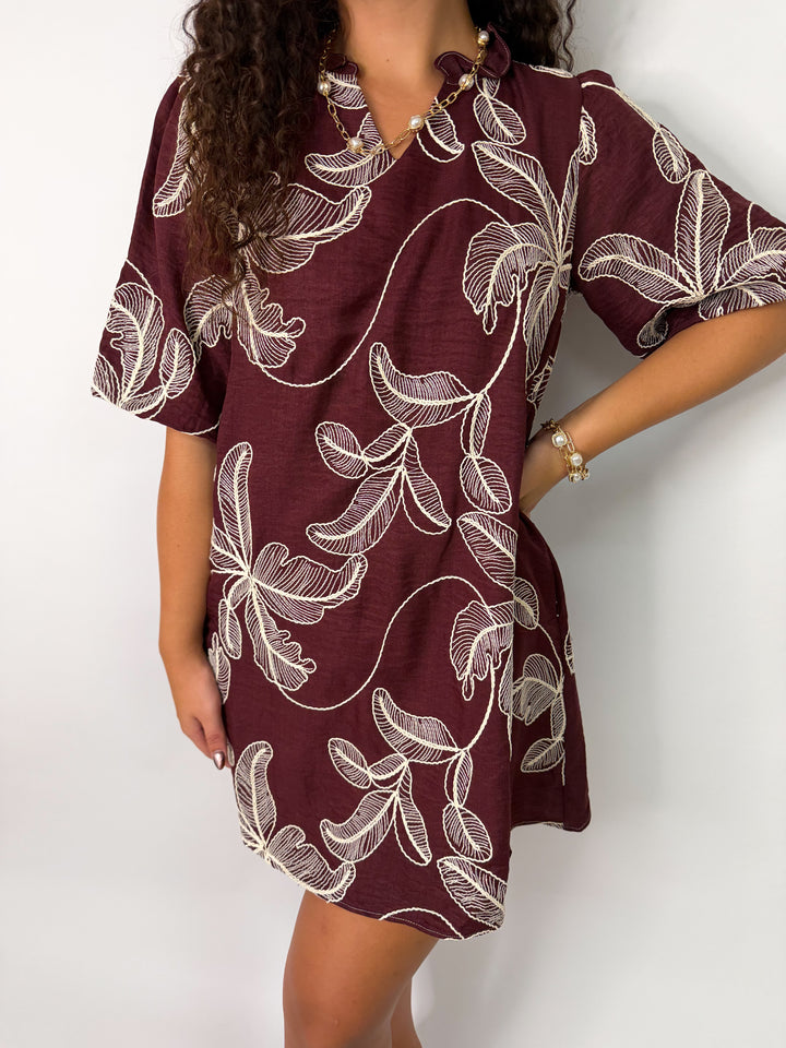 Wine Embroidered Woven Puff Sleeve Dress