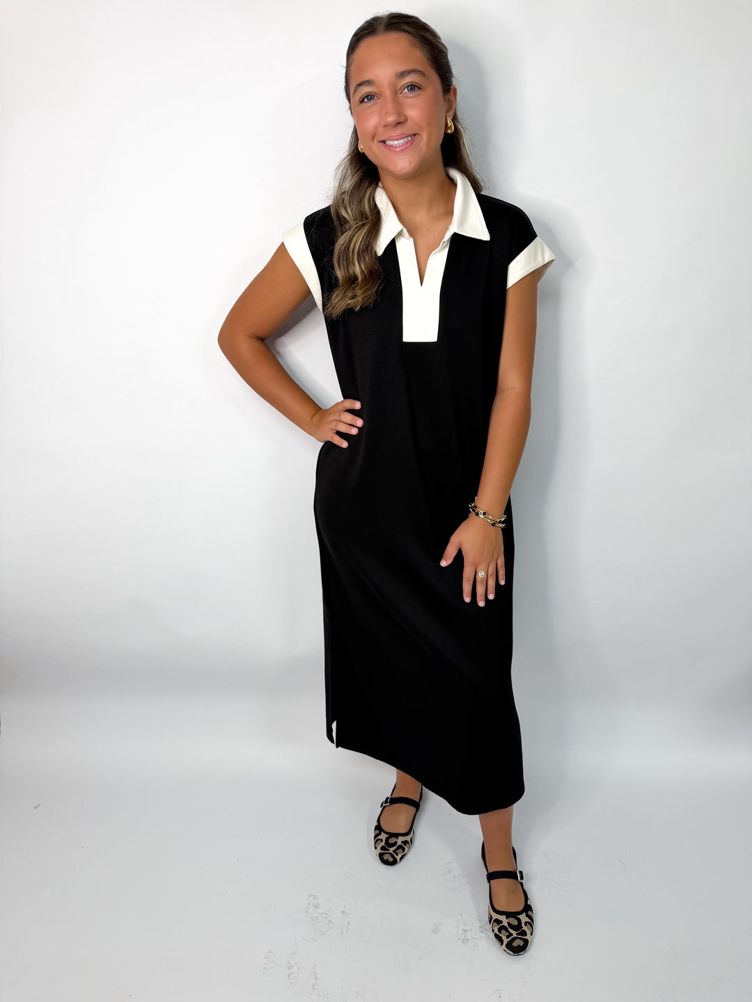 Black + White Trim Buttered Collared Midi Dress