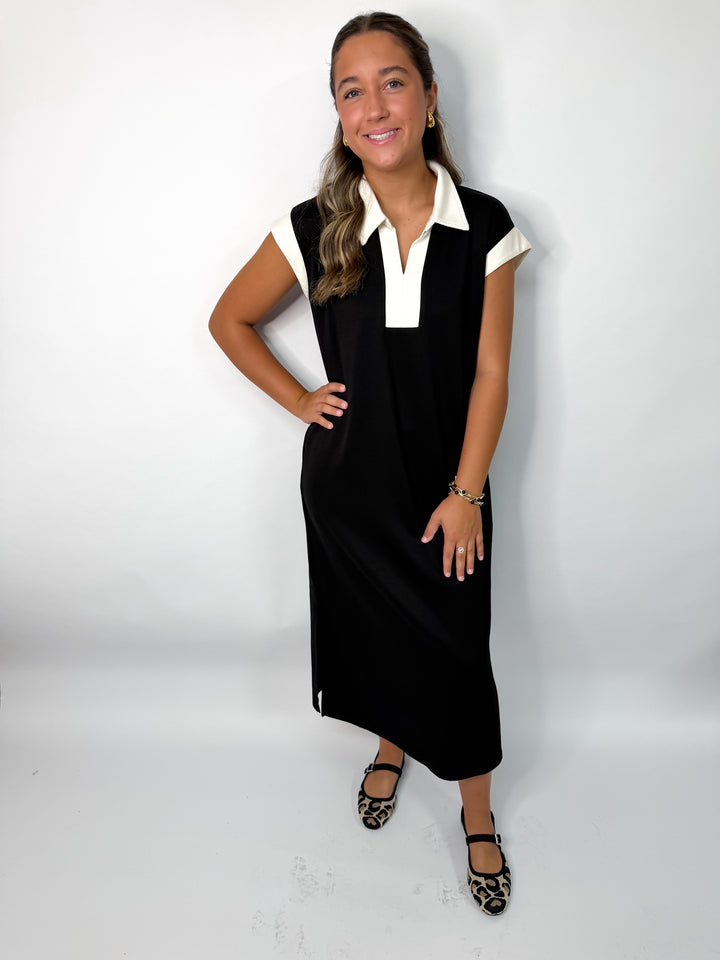 Black + White Trim Buttered Collared Midi Dress