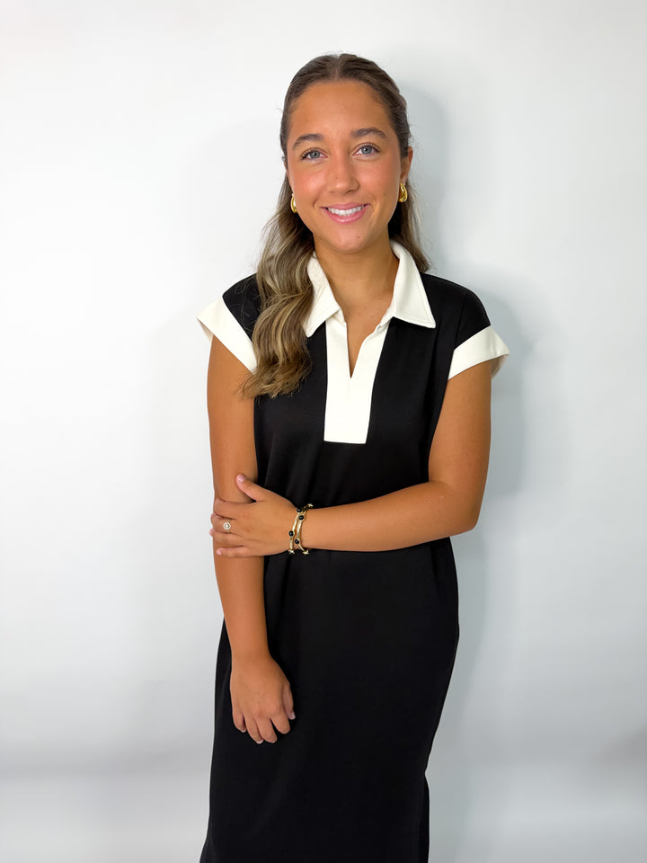 Black + White Trim Buttered Collared Midi Dress