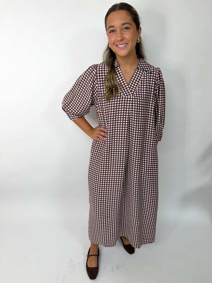 Brown Checkered Midi Dress
