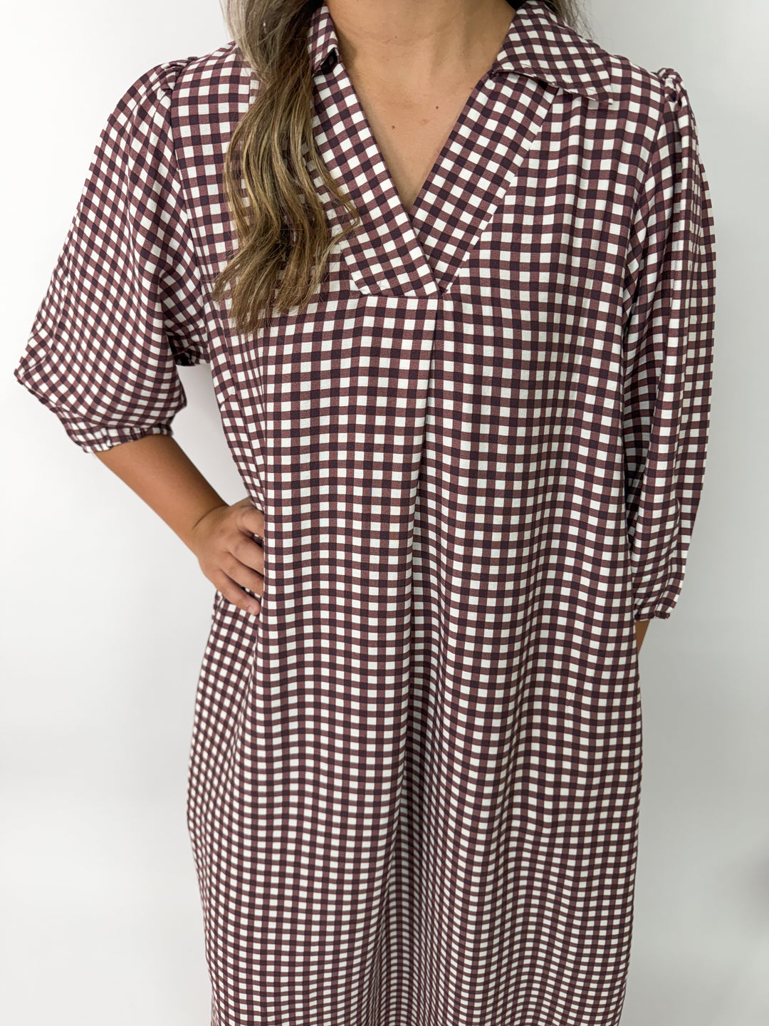 Brown Checkered Midi Dress