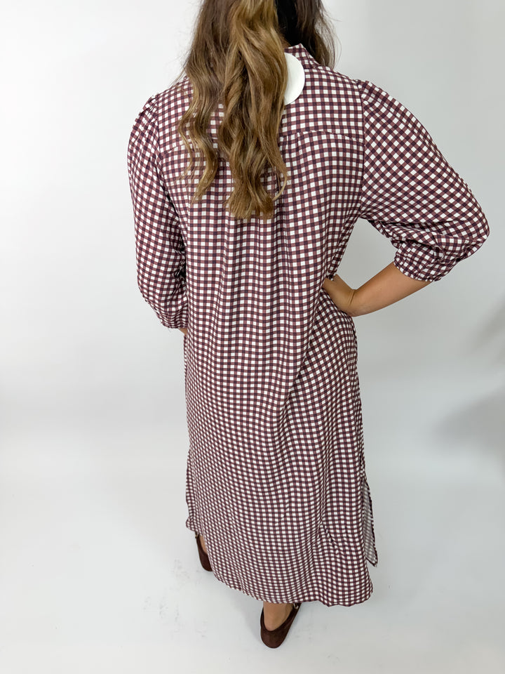 Brown Checkered Midi Dress
