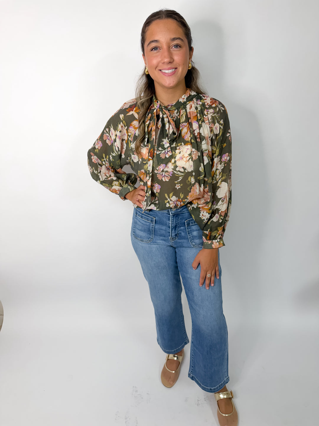 Moss Green Floral Neck Tie Blouse