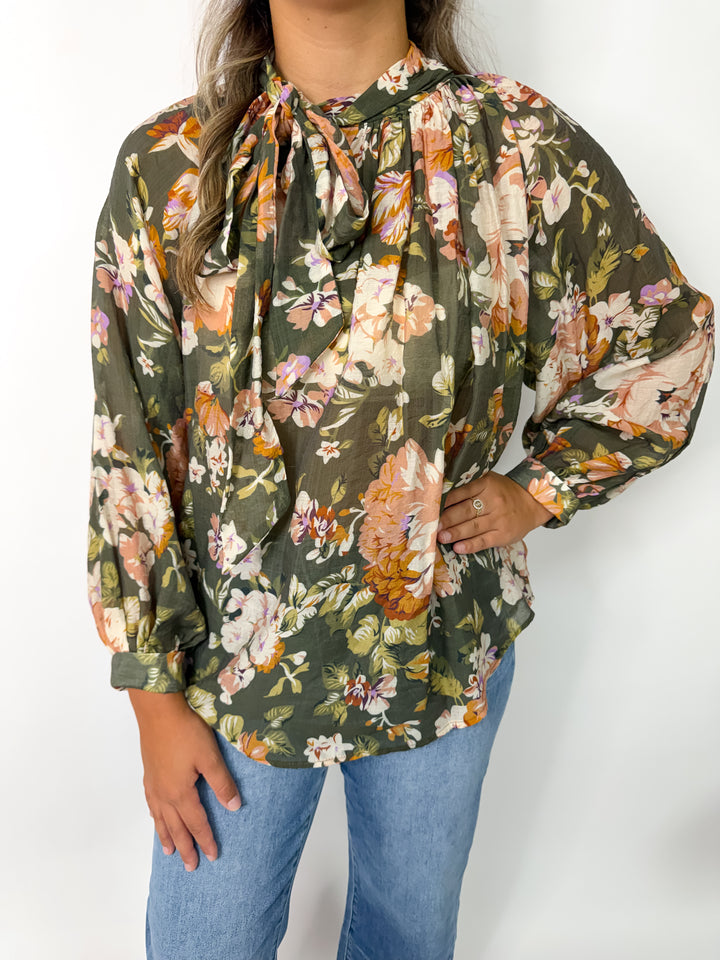 Moss Green Floral Neck Tie Blouse