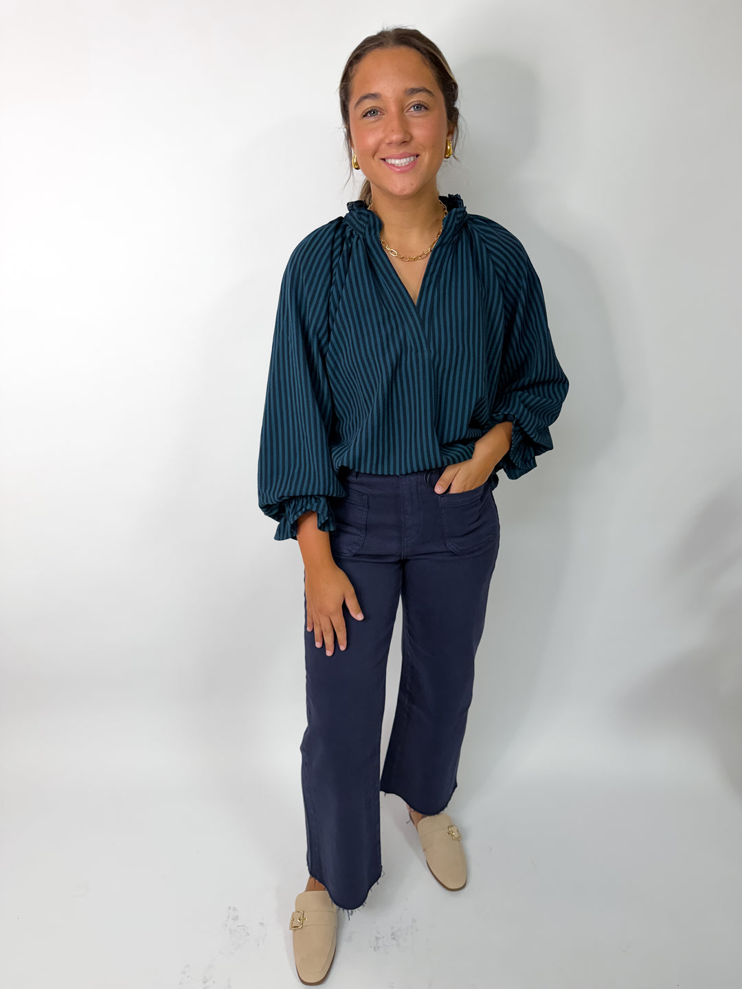 Teal + Navy Striped Blouse