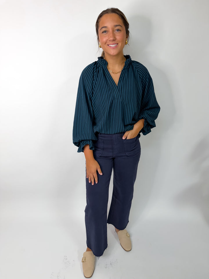 Teal + Navy Striped Blouse