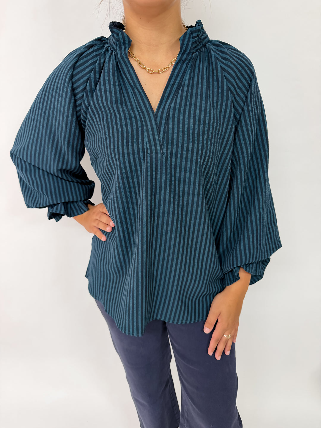 Teal + Navy Striped Blouse