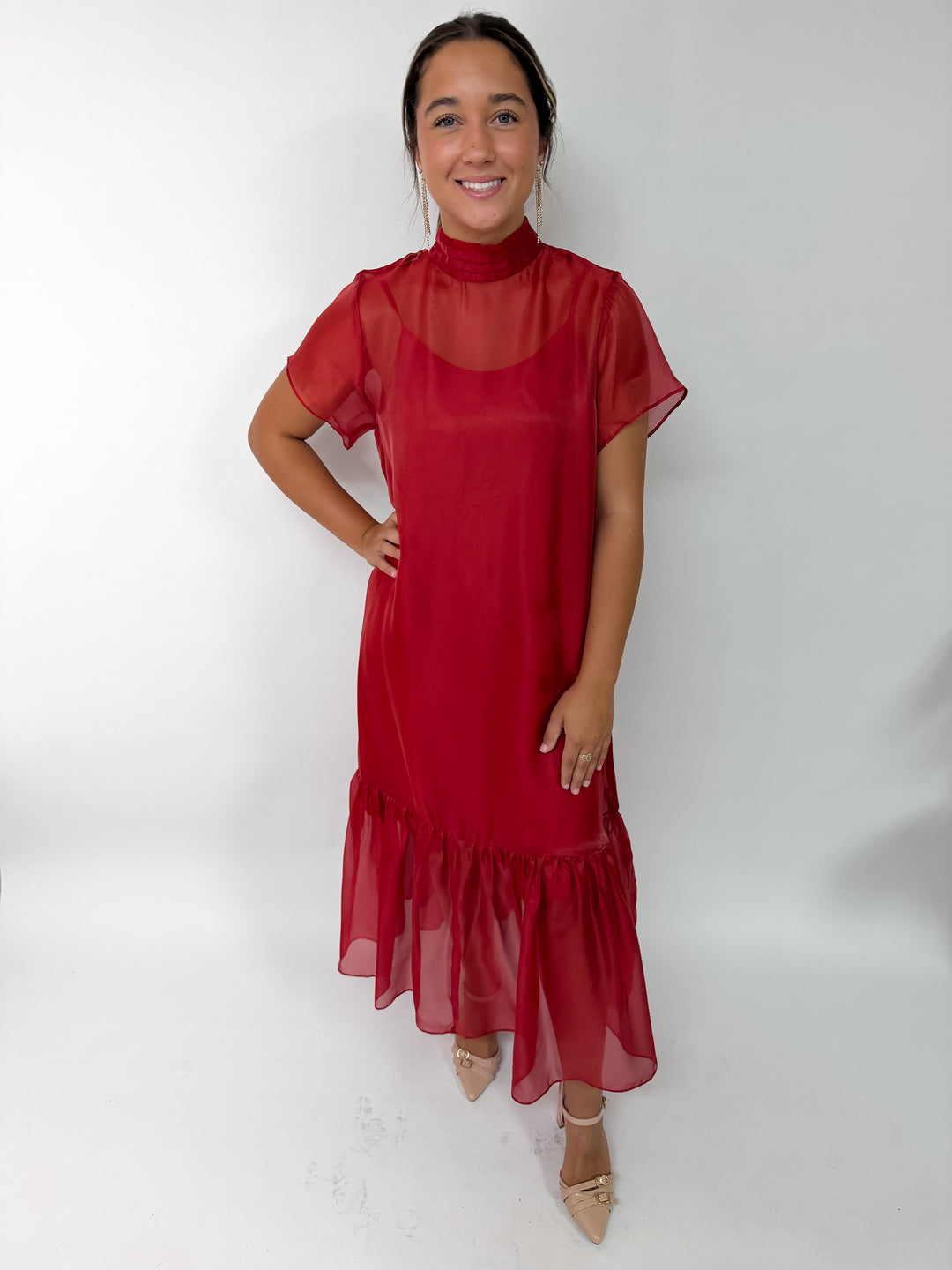 Red Sheer Tie Neck Dress