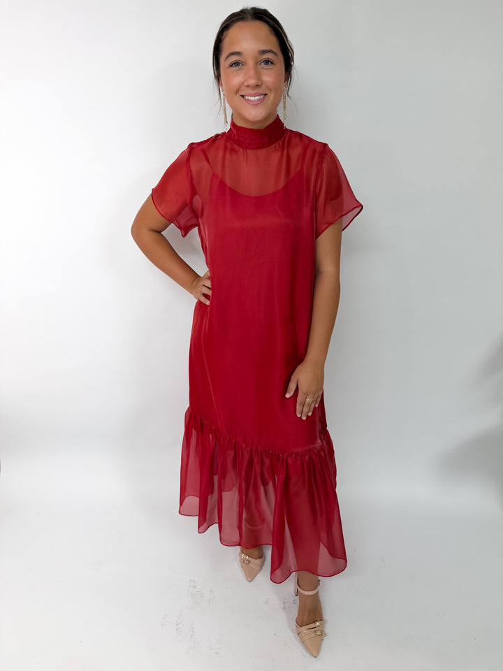 Red Sheer Tie Neck Dress
