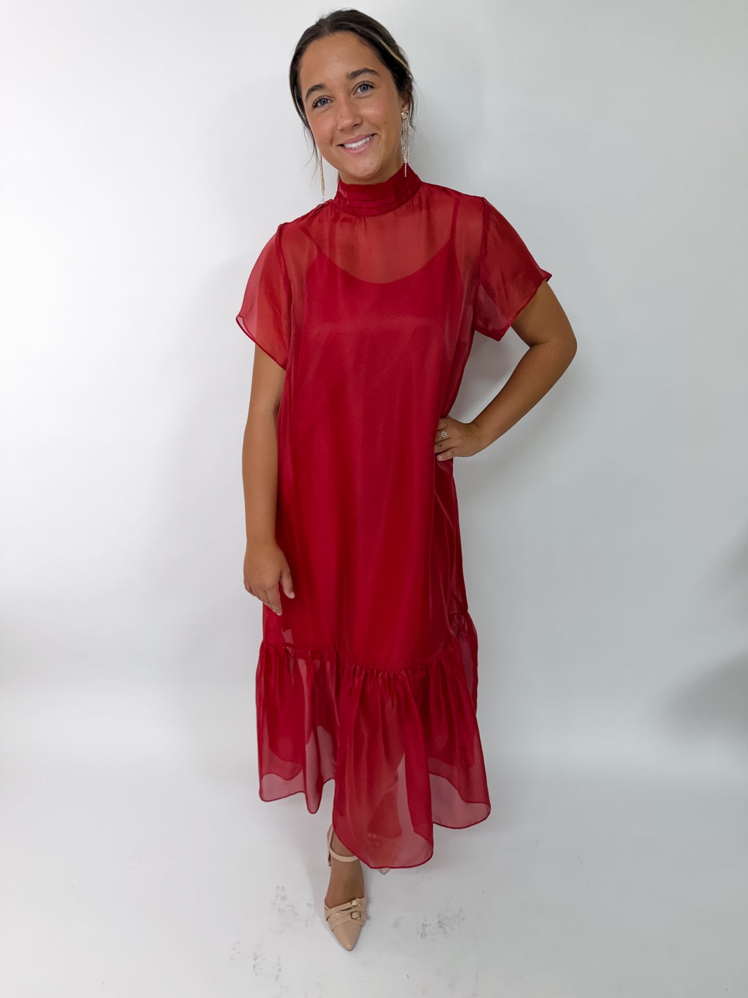 Red Sheer Tie Neck Dress
