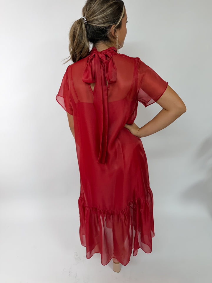 Red Sheer Tie Neck Dress