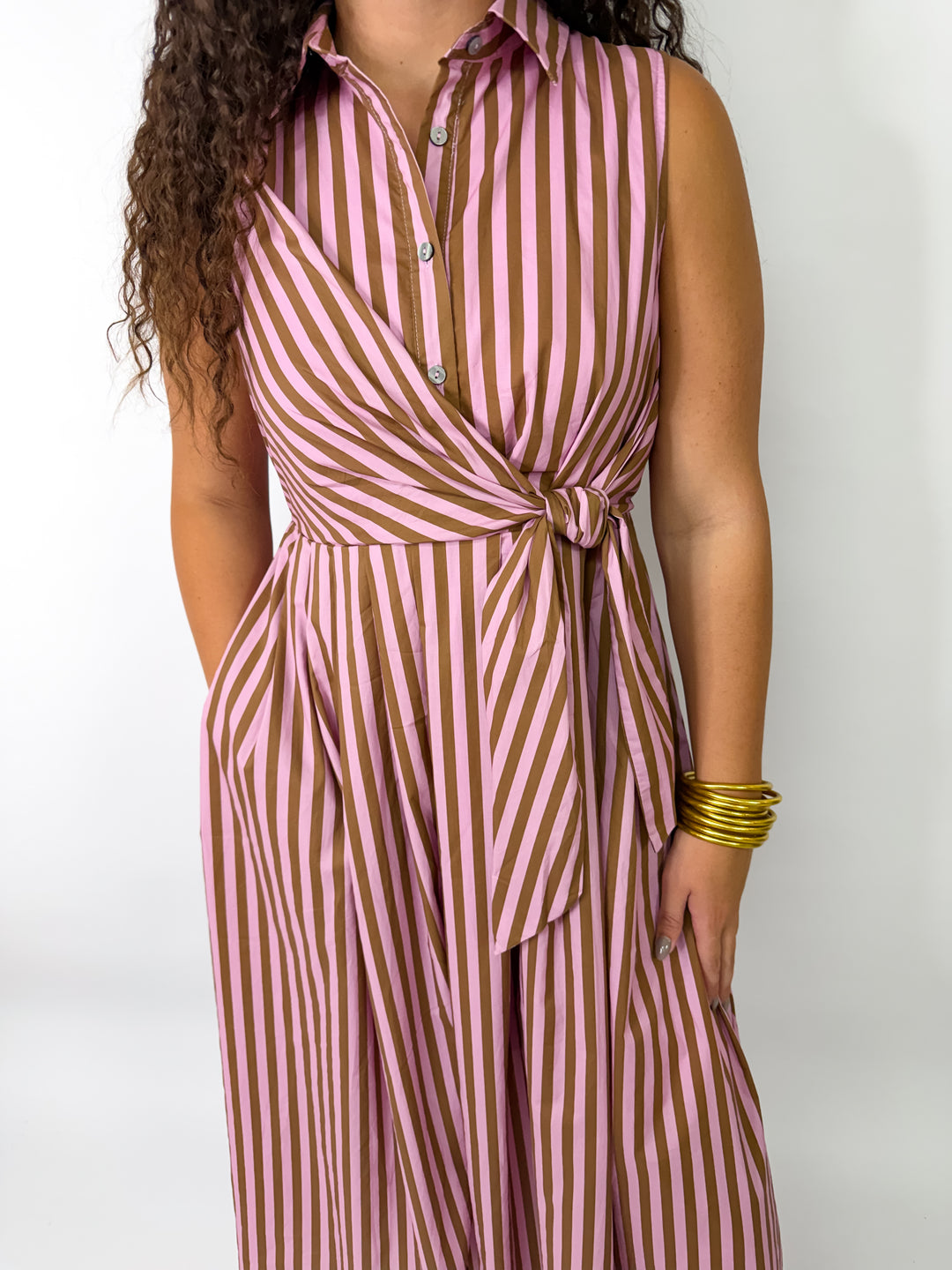 Camel Pink Striped Midi Dress
