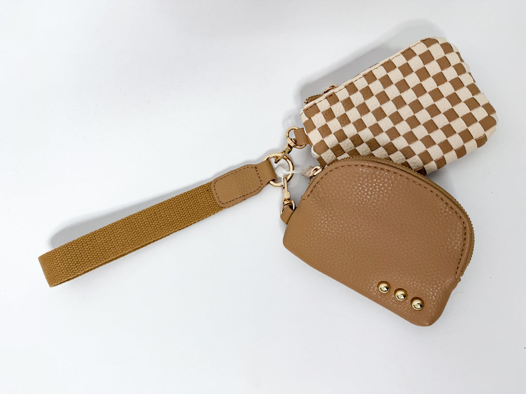 Tan Checkered Wonderlust Woven Dual Pouch Wristlet