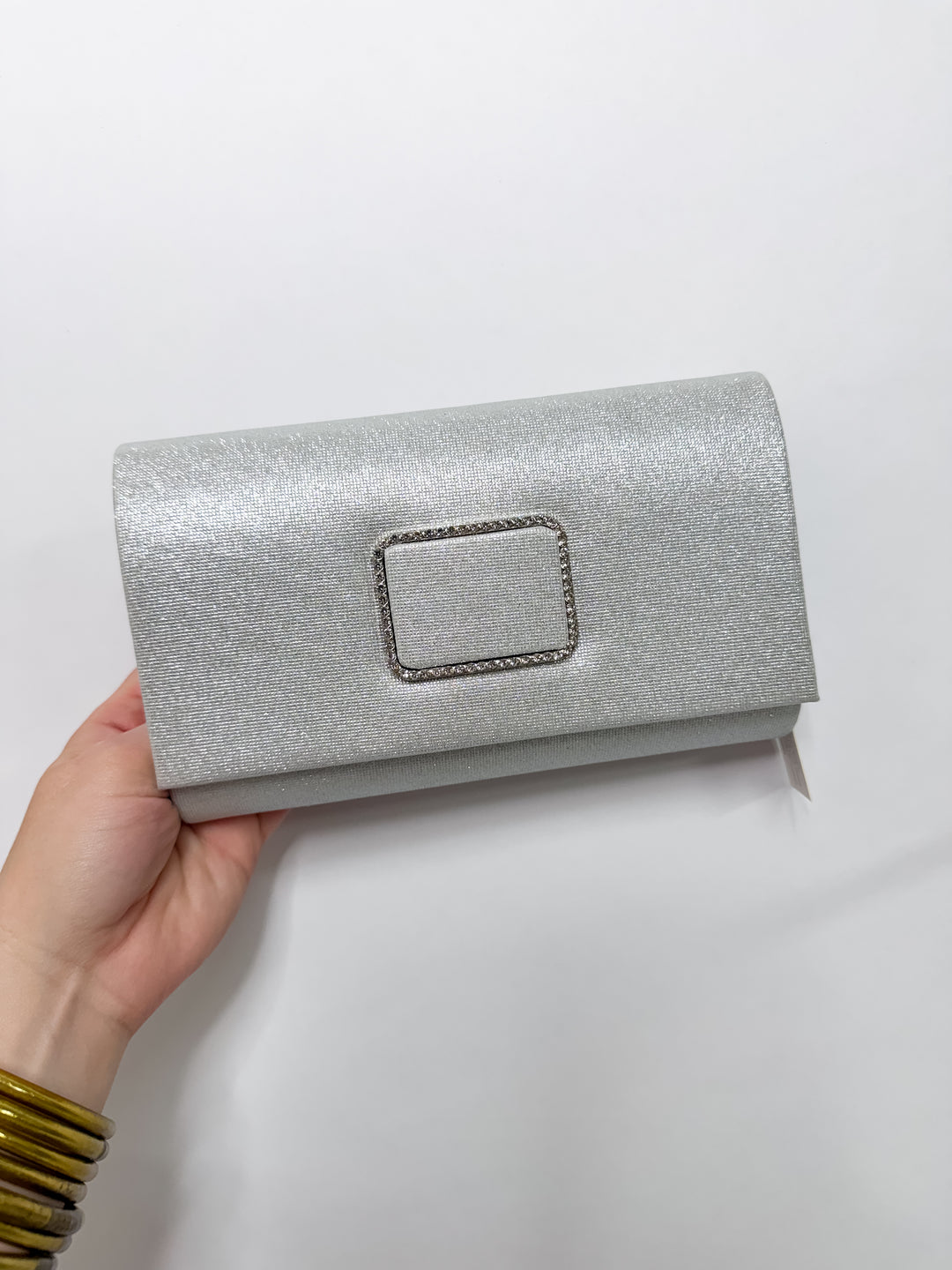 Silver Soiree Crystal Buckle Clutch