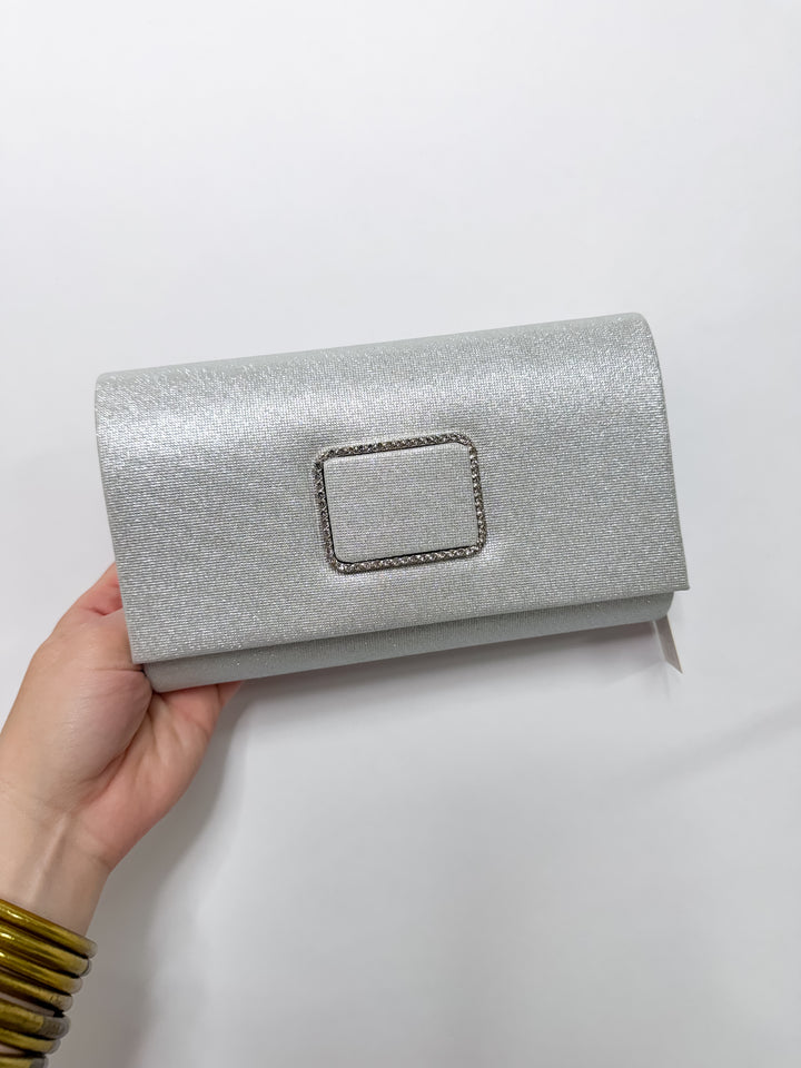 Silver Soiree Crystal Buckle Clutch